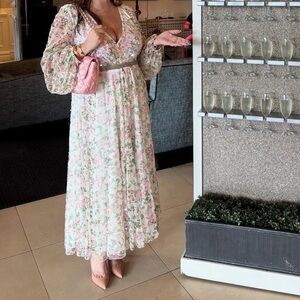 Mac Duggal White Embellished Floral Print Faux Wrap A Line Dress